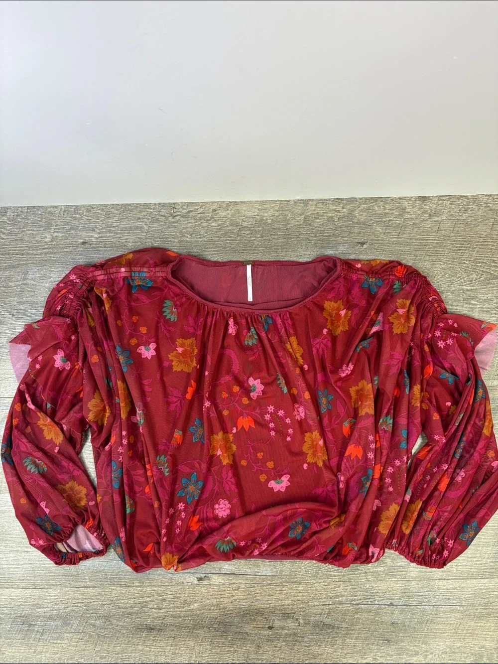 Free People Mesh Floral Peasant Top Blouse Women’s Boho Cottagecore Romantic S
